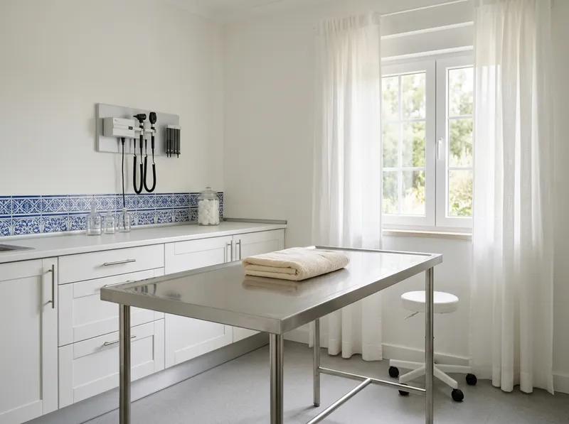 Uma sala de consulta luminosa com mesa de exame em inox