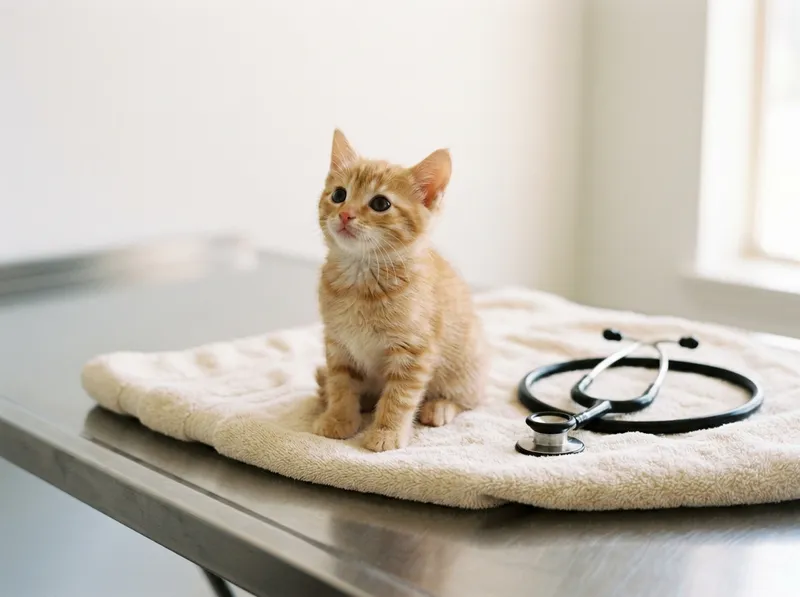 Um gatinho numa toalha na primeira consulta