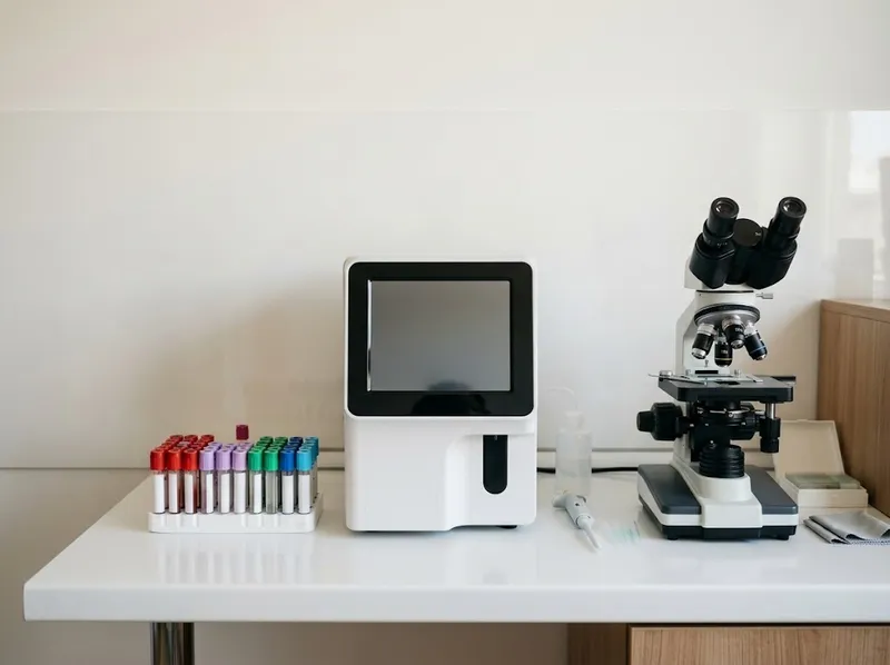 Tubos de análises ao lado de um pequeno analisador