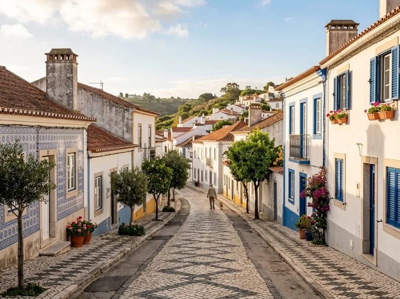 Uma rua residencial tranquila em Caneças numa manhã de sol