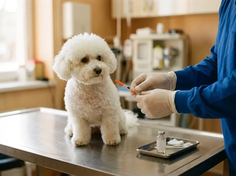 Um veterinário a preparar uma vacina para um cão pequeno