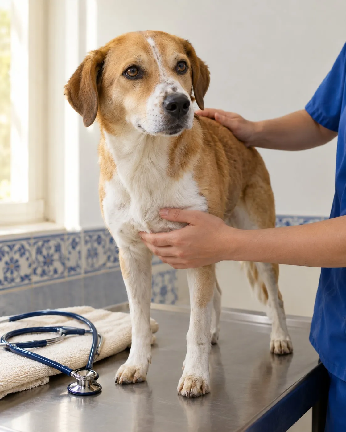 Mãos de um veterinário a examinar um cão calmo na mesa de consulta