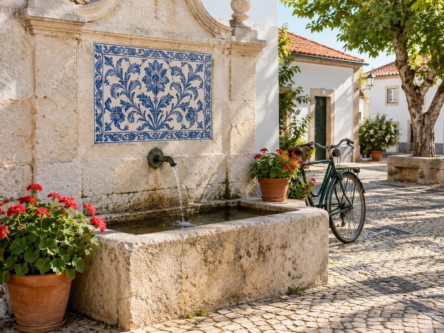 Um chafariz de pedra com painel de azulejos azuis e brancos numa pequena praça